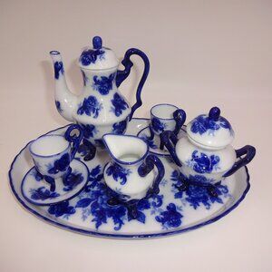 10 Pc Miniature White Flow Blue Tea Set Flowers Tray Teapot Cups Creamer Sugar